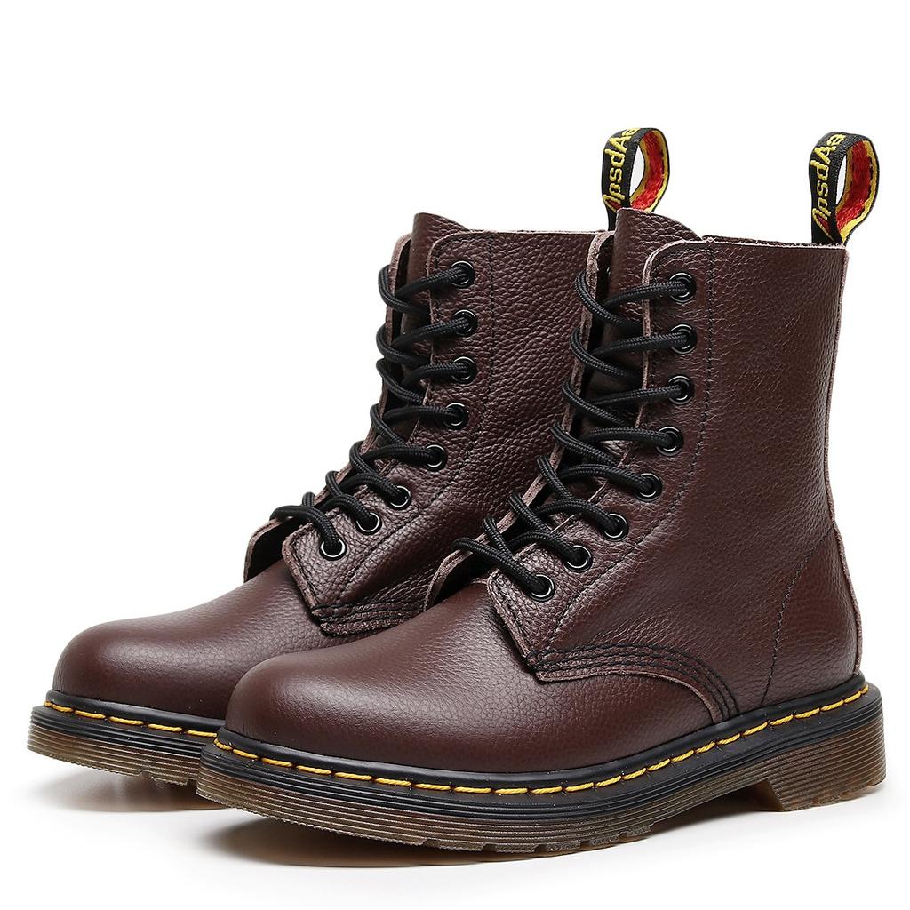 Botas cargo padrão lichia 1460 feminino camada superior couro bovino macio botas de casal couro genuíno britânico botas de motocicleta bico redondo tendência