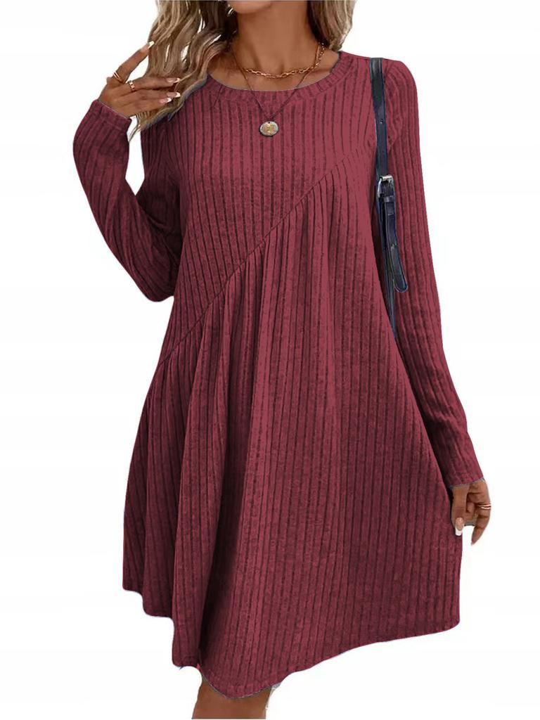 Women's Long Sleeve Knit A-Line Dress with Vertical Stripes