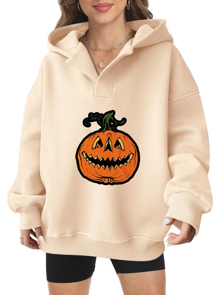 2025 real pumpkin autumn and winter Halloween velvet hooded sweater female American trendy cartoon printing thickened