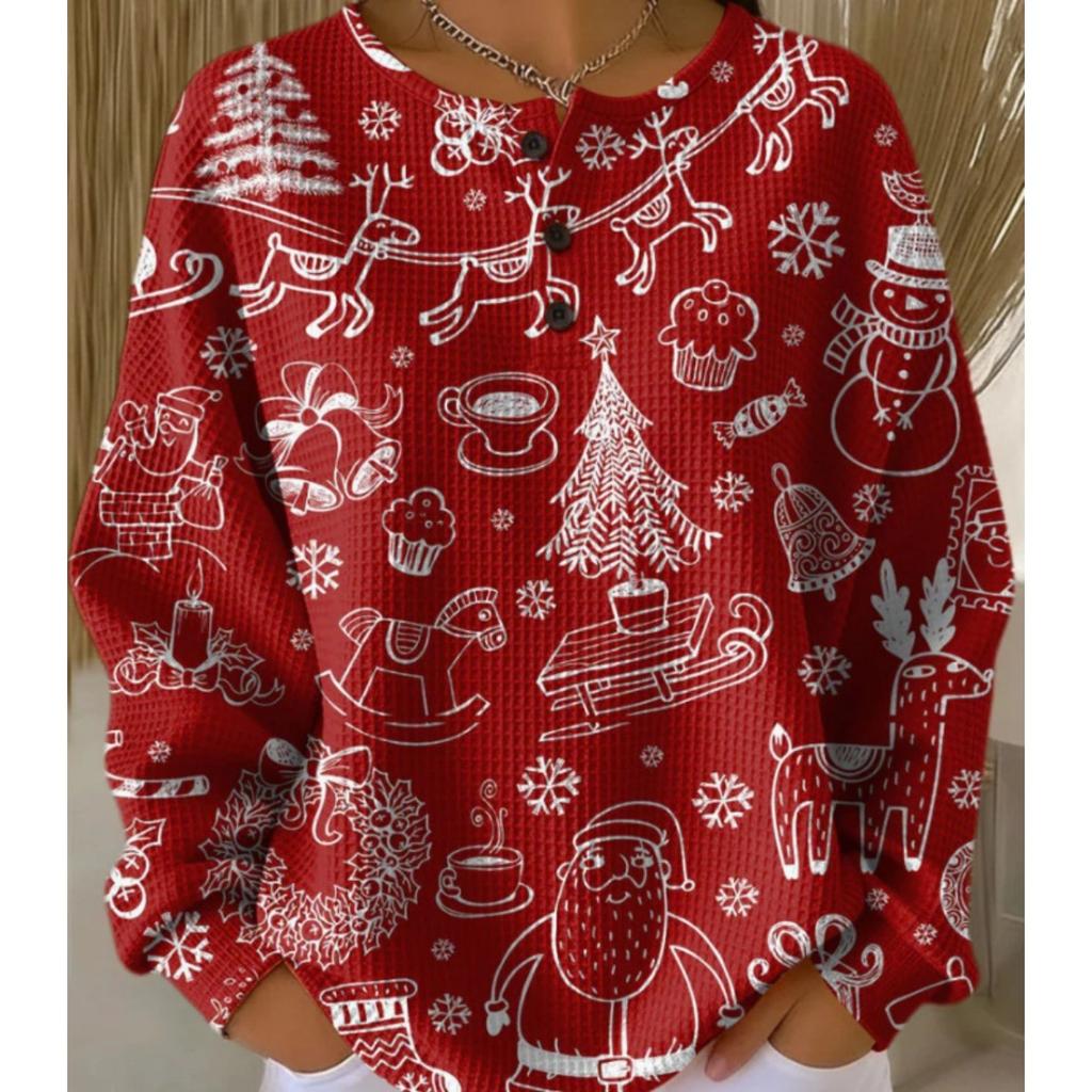 Women's Crew Neck Long Sleeve Waffle Knit Henley Top Loose Fit Casual Sweatshirt