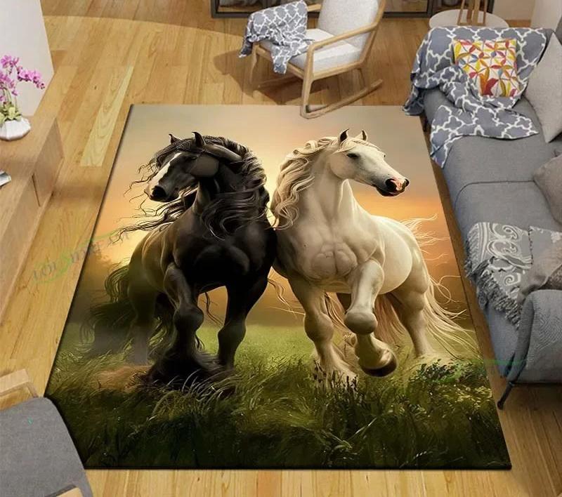 3D Fashion Exquisite Painted Galloping Horse Design Anti-Slip Area Rug for Living Room Kids' Bedroom Mat Large Decorative Carpet