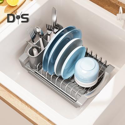 Dish Drying Rack with Cutlery Holder Large Capacity Strong Load-bearing Countertop Extendable Dish Rack with Drain Board
