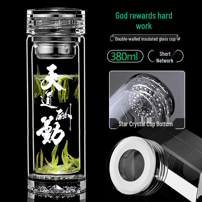 Transparent Double-Wall Glass Mug with Handle and Lid 380ml