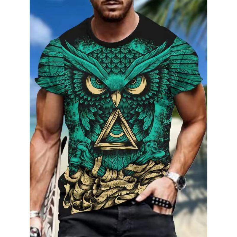Men's Owl Graphic Print T Shirt Fashion Short Sleeve Crew Neck 3D Digital Printed T-Shirt Novelty Oversized T Shirts Men Tops