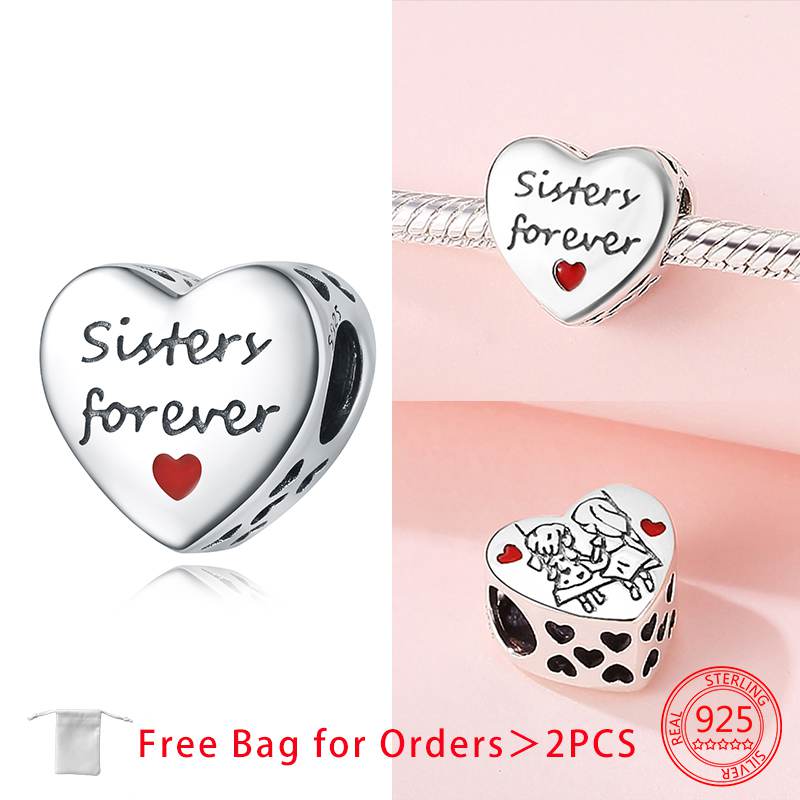 Anniversary Charms Copper Pink Sister Love Heart Beads Fit Original Bracelets Beads Charms Jewelry Making Fine Jewelry Gift