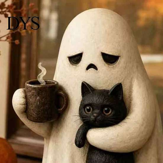 Ghost Holding Cat Statue Meh Mood Figurine, Cute Black Vintage Statue, Halloween Tabletop Ornament for Home Office Decor Resin