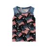 Sleeveless Loose Fit Tank Top with Abstract Swirl Print and Denim Shoulder Panels Round Neck Casual Summer Shirt for Women