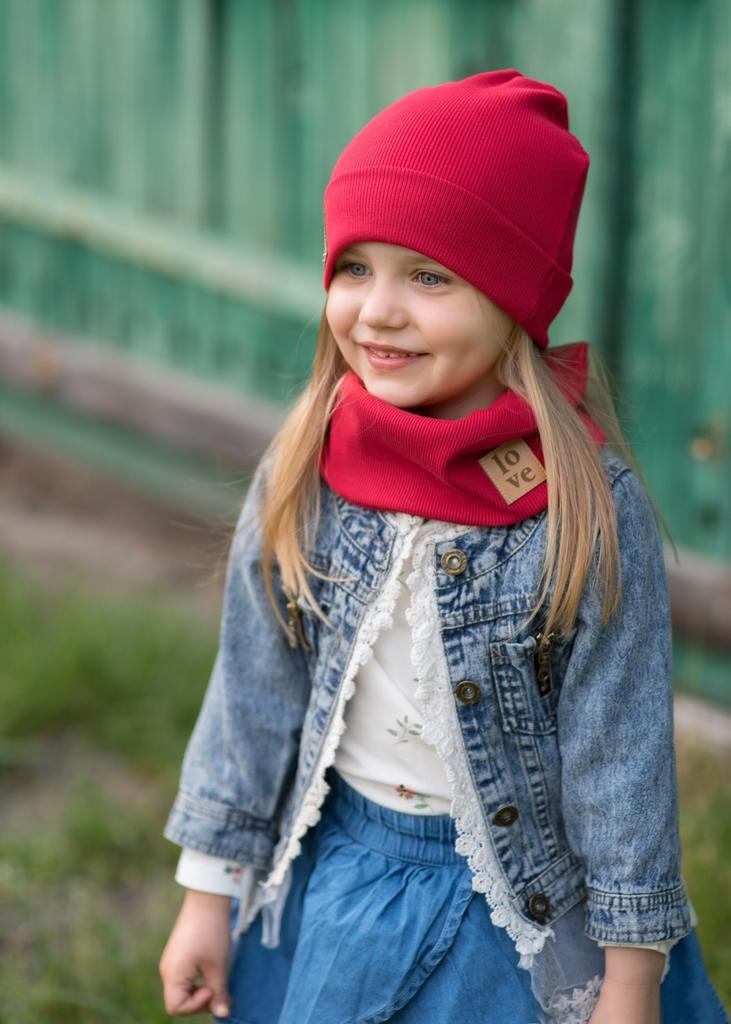 Spring Hat for a Girl with a Scarf - Children's. Red 46-50 Cm