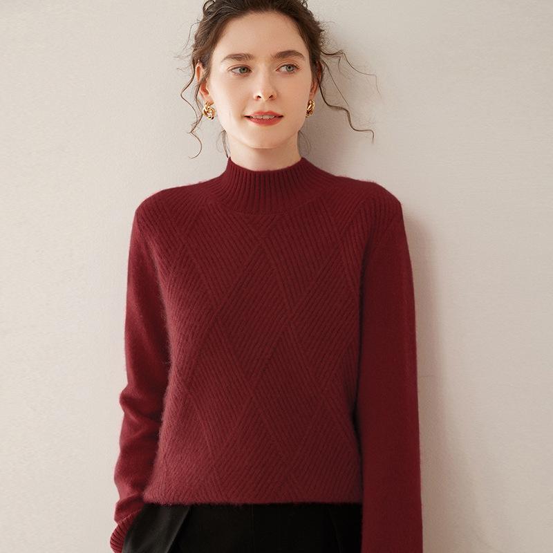 Women's Red Diamond Pattern Cashmere Sweater: Half-High Collar, Thickened, Plus Size, Loose, Warm, Autumn/Winter, Short Style.