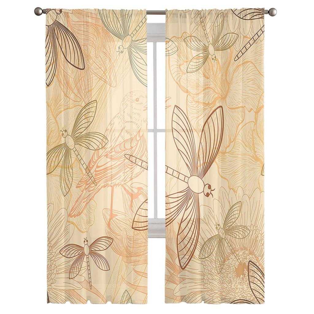 Retro Dragonfly Birds Flowers Sheer Curtain for Living Room Hall Wall Dress Up  Home Window Supplies Pop Print Tulle Curtains
