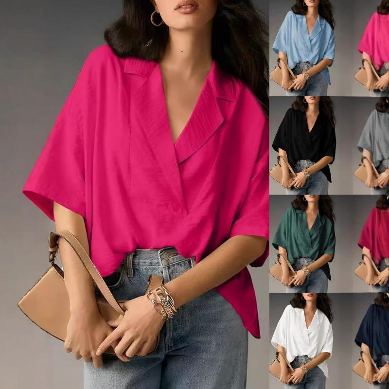

Новая летняя женская рубашка свободного покроя с короткими рукавами и лацканами, однотонная рубашка XXL розовый