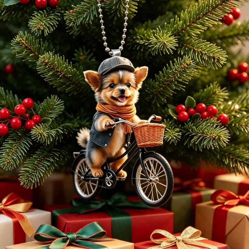 Acrylic Car Mirror Hanging Ornament, Dog Cycle Christmas Accent with Cord for Holiday Vehicle Use and Display Trim