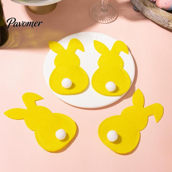 Easter Dinner Table Decor 4 Pcs Bunny Cutlery Holders, Felt Tableware Pouch Bags, Cute Rabbit Utensil Decorative Fork Spoon Sleeve, Spring Knife