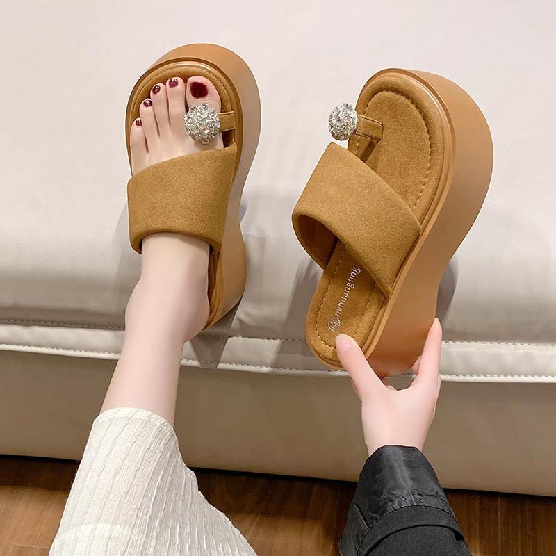 Fashion 8CM Women High Platform Slippers Summer Rhinestone Beach Flip-Flops Ladies Wedge Heels Flock Shoes Woman Outside Chunky Sandals
