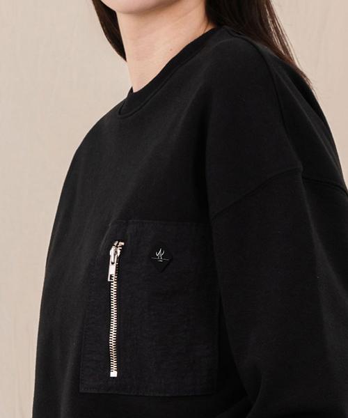 Ellamo French Terry Zipper Pocket Oversized Sweatshirt [Black]