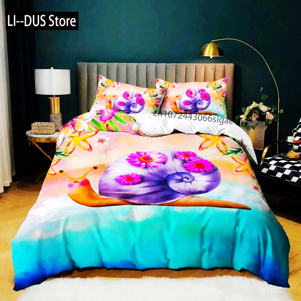 Colourful Snail Duvet Cover Set Cute Kawaii Animal Polyester Bedding Set Comforter Cover King Queen Size For Kids Boys Girls
