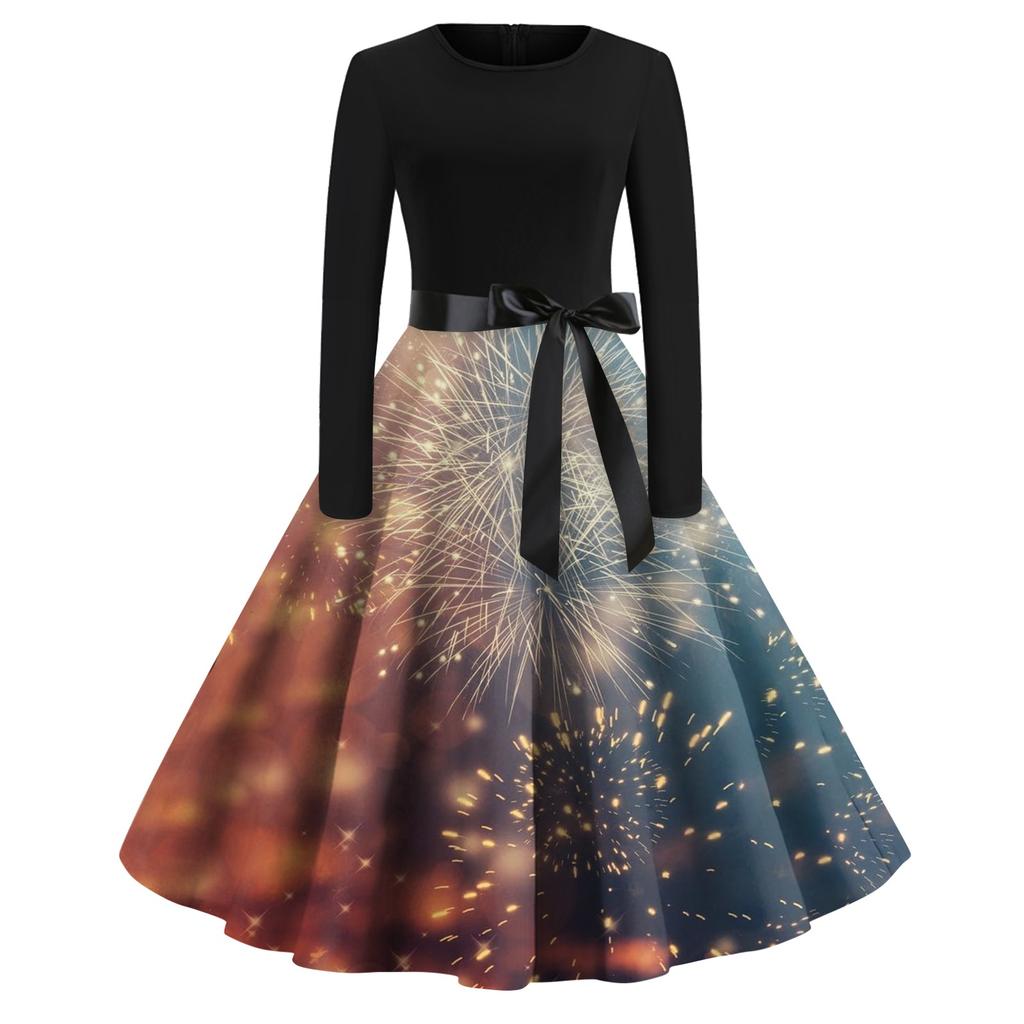 Women's Vintage Classic Dress Long Sleeve 2024 New Year Printed Ound Neck Swing Dress