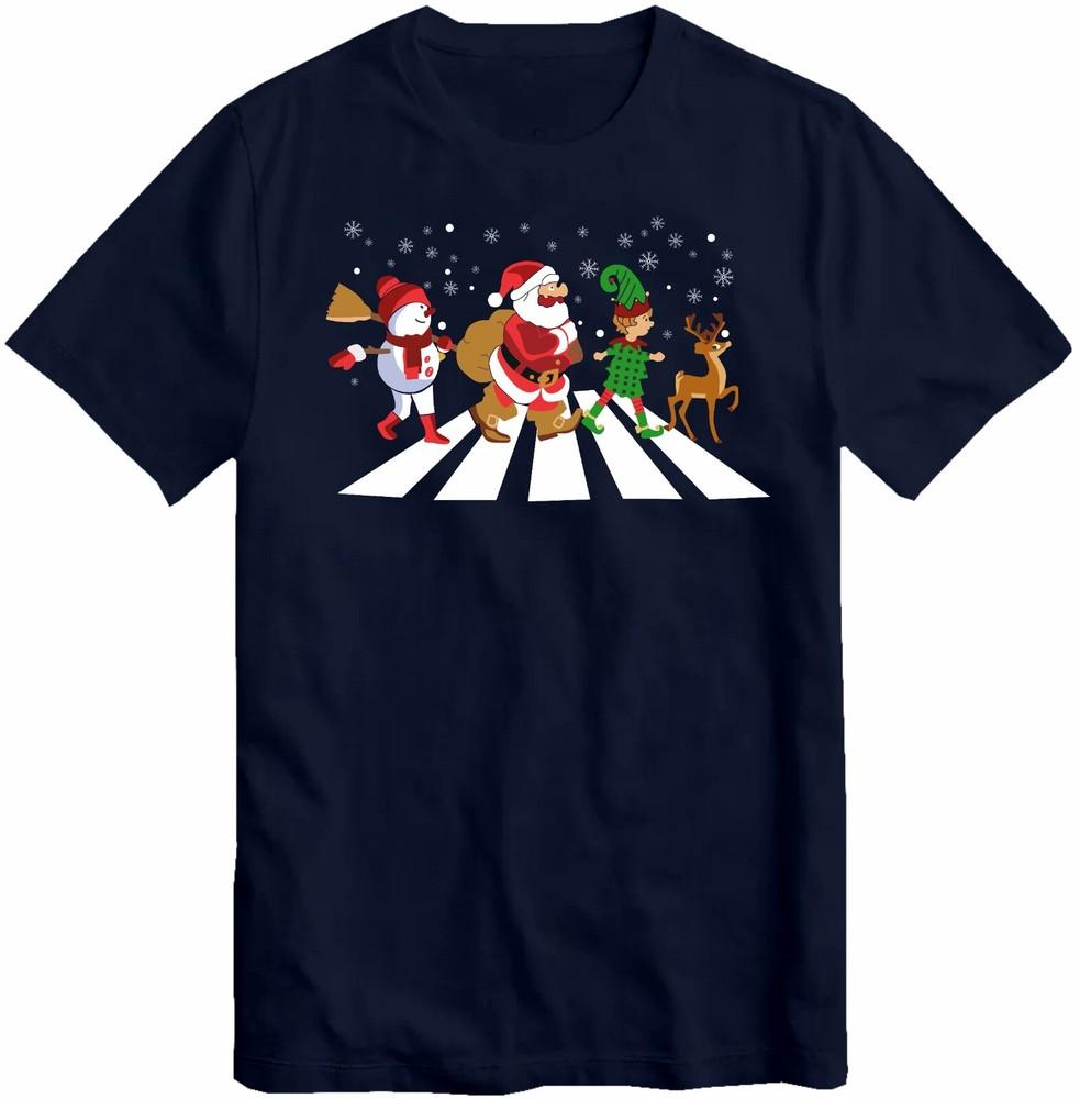 

Elf Santa And Snowman Road T-Shirt Christmas Abbey Road T Shirt Baby Rudolph Tee L
