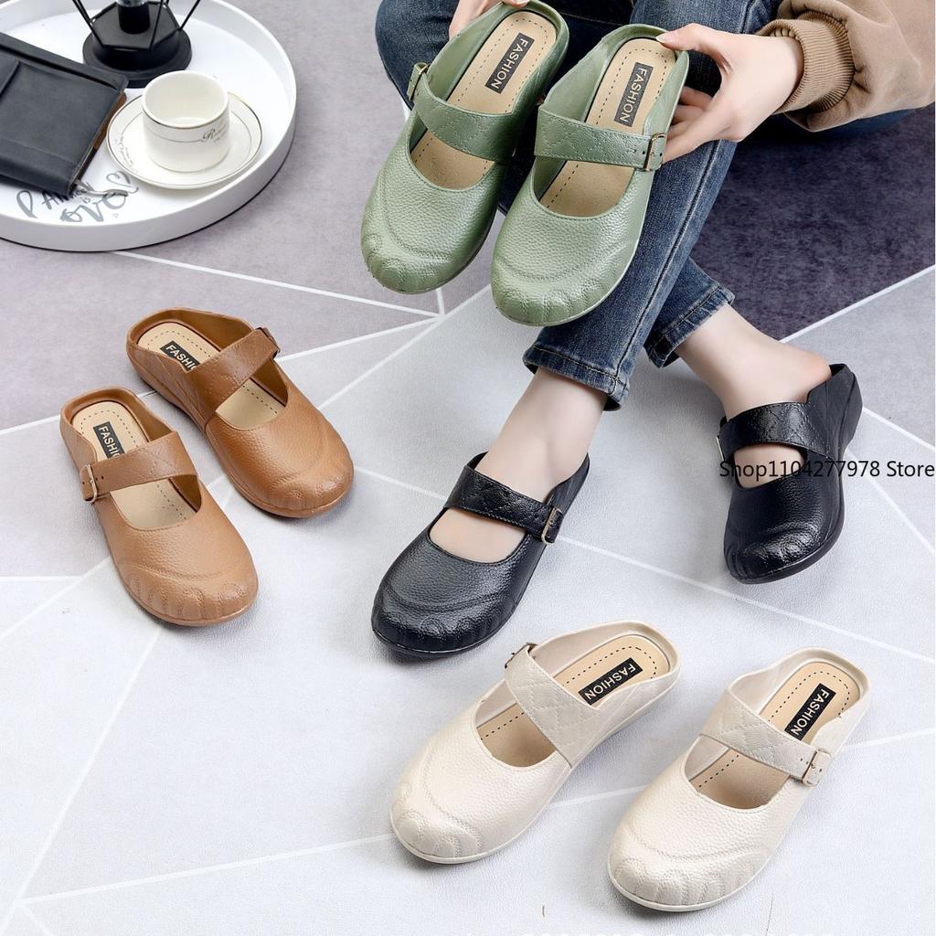 Fashion Women Mules 2025 Summer Elegant Square Closed Toe Flat Slippers Female Shoes Casual Leather Black White Slides Big Size