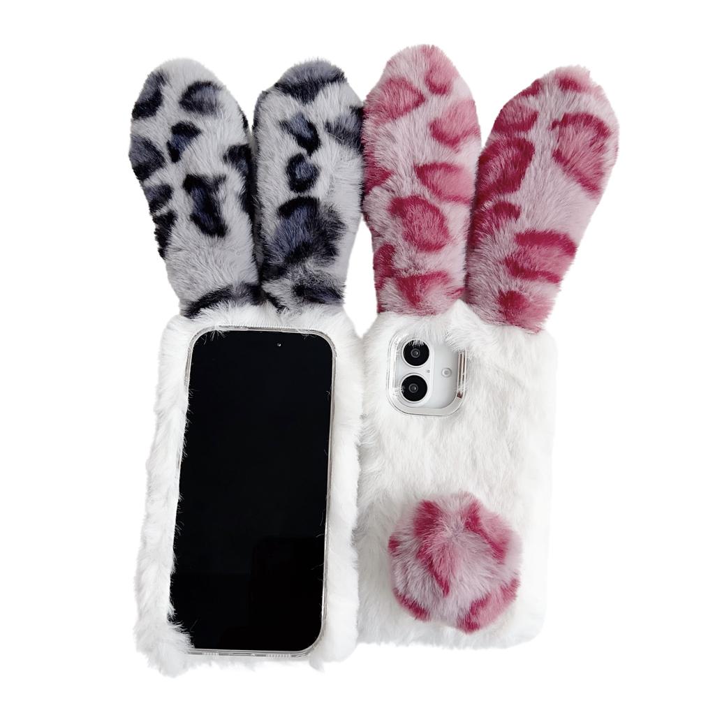 For iPhone 16 Case Fluffy Leopard Splicing Bunny Plush TPU Phone Cover