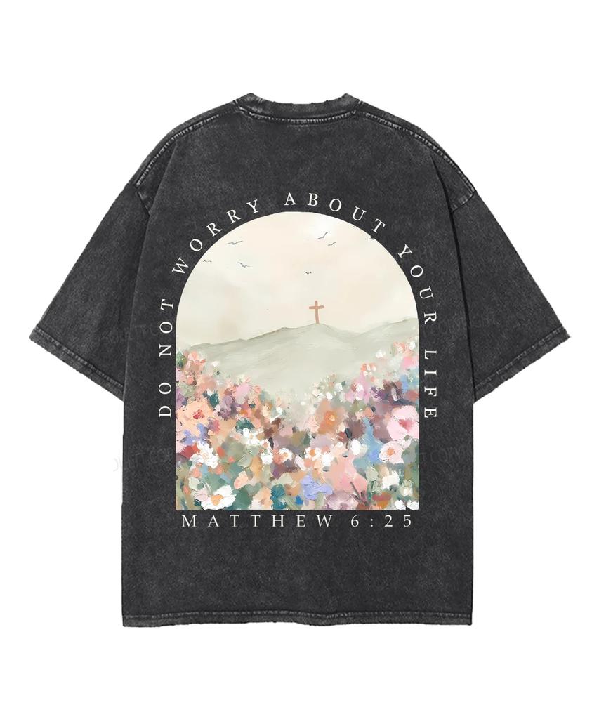 Matthäus 6:25 Bibelverse Religiös Christlich Vintage Gewaschen Floral Landschaft Grafik T-Shirt Herren Damen Kurzarm Lässiges T-Shirt