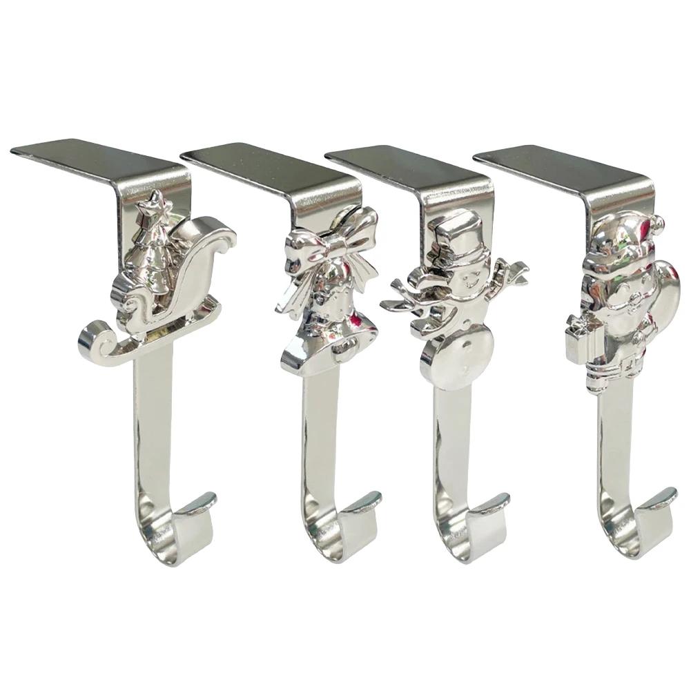 

4Pcs Christmas Stocking Hooks with Iron Right Angle Design for Fireplace Mantels and Seasonal Ornament Hanging серебряный