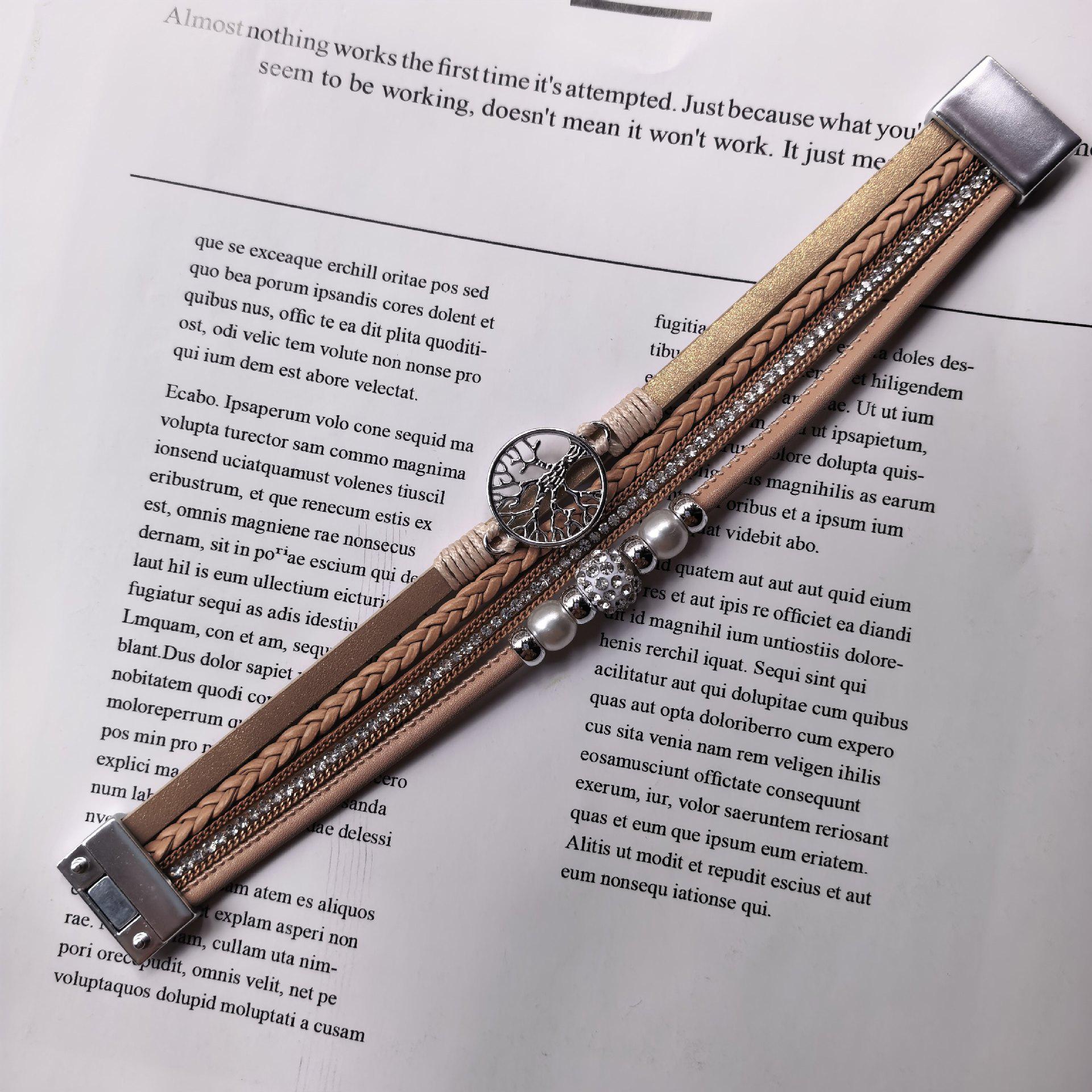 Женский кожаный браслет Древо Жизни с магнитной застежкой, тиснеными буквами и жемчугом хаки