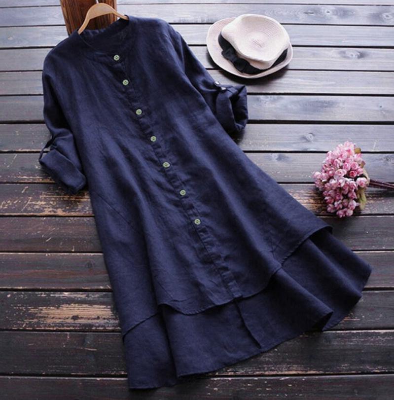 2021 Fall Cotton Linen Women's Long-Sleeve Solid Color Button-Down Shirt