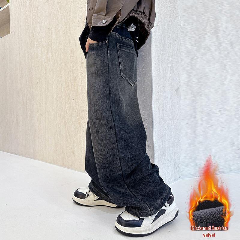 Boys' Fleece-Lined Casual Jeans - Spring/Autumn 2025 Style for Mid-to-Large Children