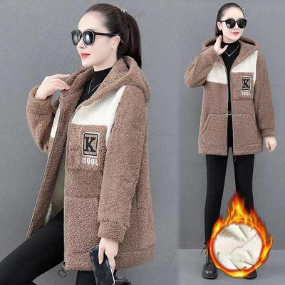 Damenjacke Colorblock-Fleece-Kapuzenmantel mit Reißverschlusstaschen für Damen Warme Winter-Strickjacke Mittellange, lockere