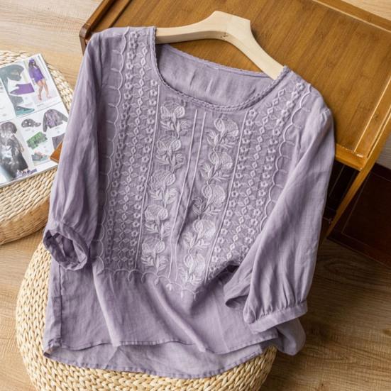 Women Tops Round Neck 3/4 Sleeve Puff Sleeve Loose Fit Casual Tops Embroidery Irregular Hem Blouse Spring Summer Wear