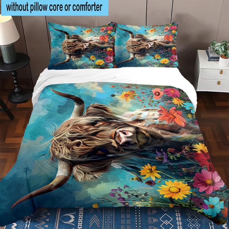 Cow In Flower Field 3pcs Bedding,Including 1pc Duvet Cover And 2pcs Pillowcases Perfect for Christmas,Ideal for Bedroom, Dormitory