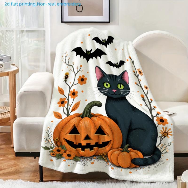 1pc Halloween-themed Cat and Pumpkin Print Blanket, Autumn Atmosphere, Multiple Sizes Available, Suitable for Living Room, Bedroom, Study, Balcony, Co