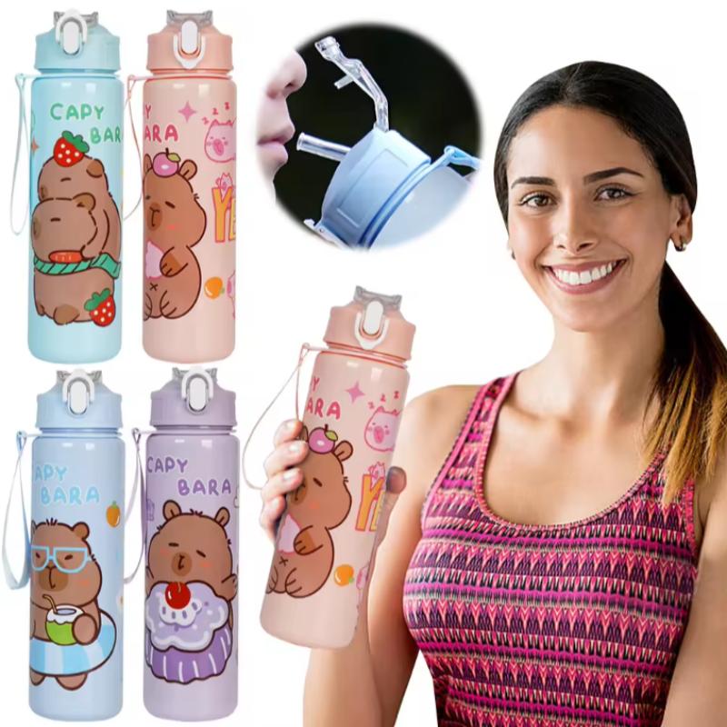 700ml Capybara Cute Water Bottle Large Capacity Sports Water Bottle with Straw & Handle Kawaii Water Cup for Outdoor Activities