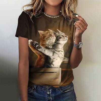 Lustige Damen-T-Shirts mit Tiergrafik, Katzendruck, lässiges Kurzarm-Top, Kawaii-Mode, übergroße Damenkleidung 2025