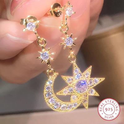 925 Silver Design Simple Advanced White Zircon Earring Temperament French Fairy Star-Moon Earrings Party Dating Jewelry Gift