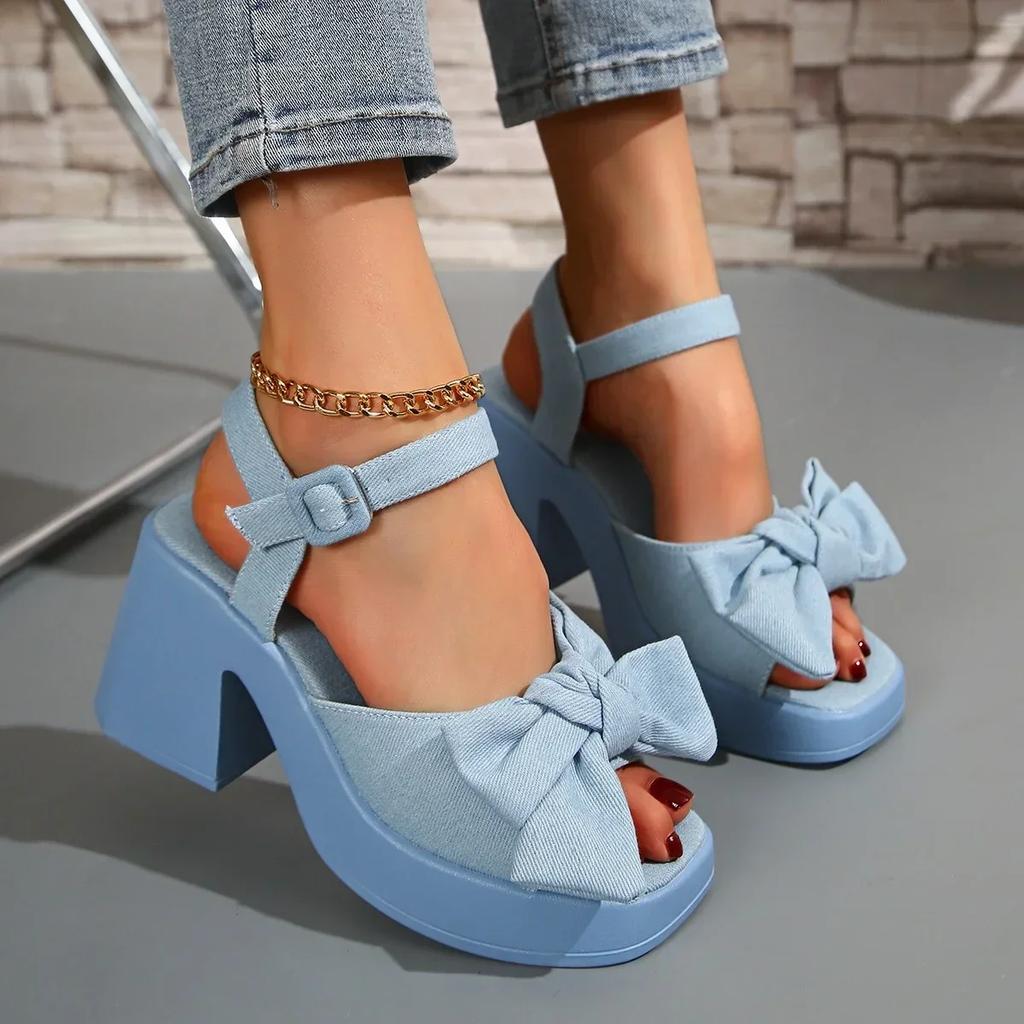 New Summer Comfortable and Elegant Casual Banquet High Heel Sandals Fashionable Temperament Bow Thick Heeled Women's Shoes