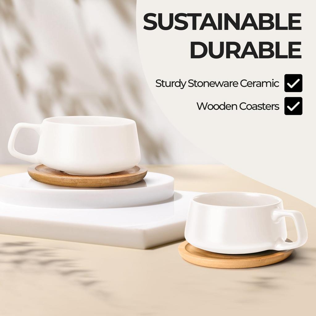 MIAMIO - Coffee Cup & Saucer Set (320ml X 4) - Elegant and Modern Stoneware Coffee Mugs, Set of 4, Luxe Collection (White)