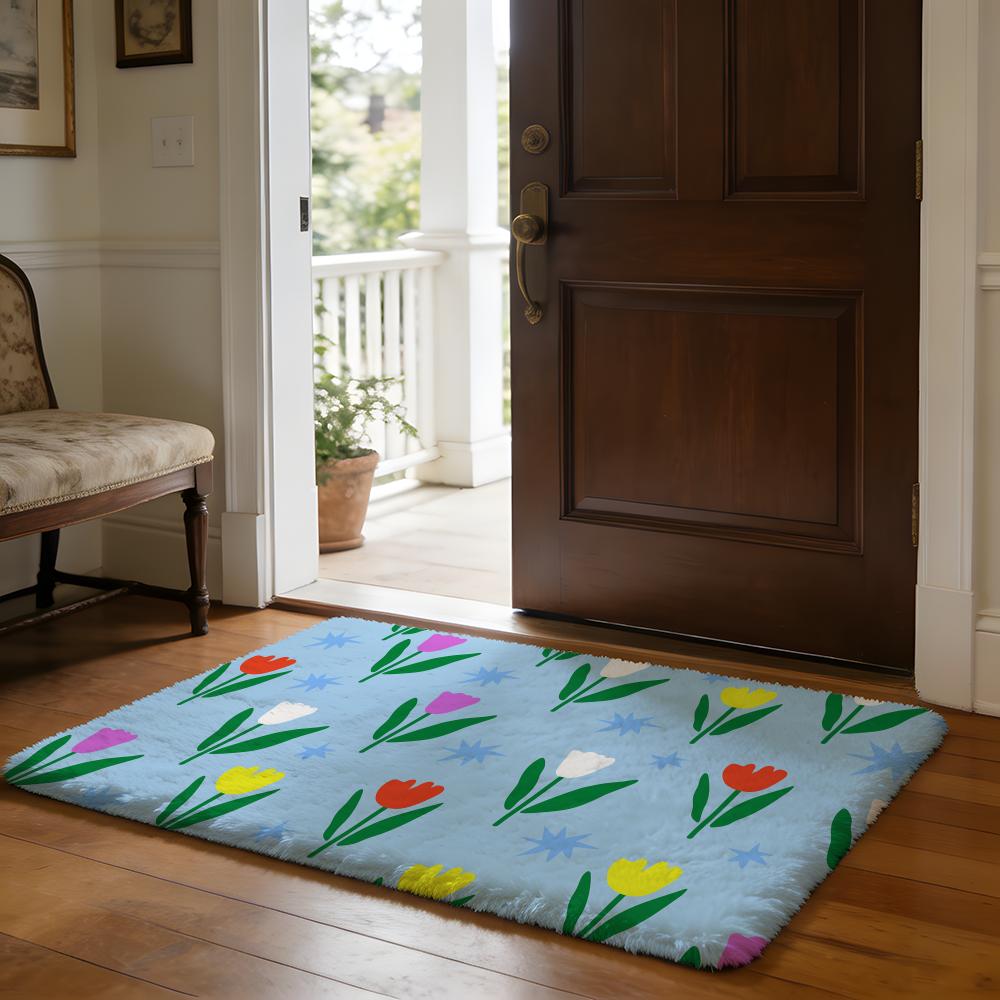 Cute Cartoon Tulip Floor Mat Soft Flannel Absorbent Mat Non-Slip Rug Home Bedroom Bathroom