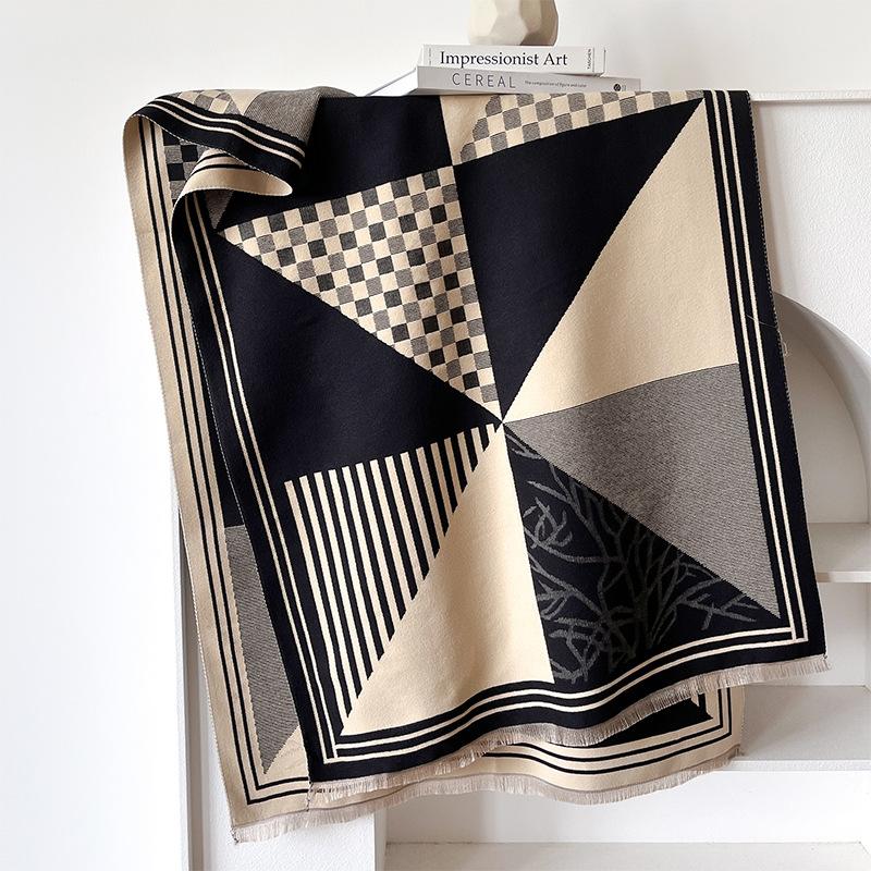 imitation cashmere scarf retro style plaid texture contrasting color double-sided personalized high-grade warm shawl
