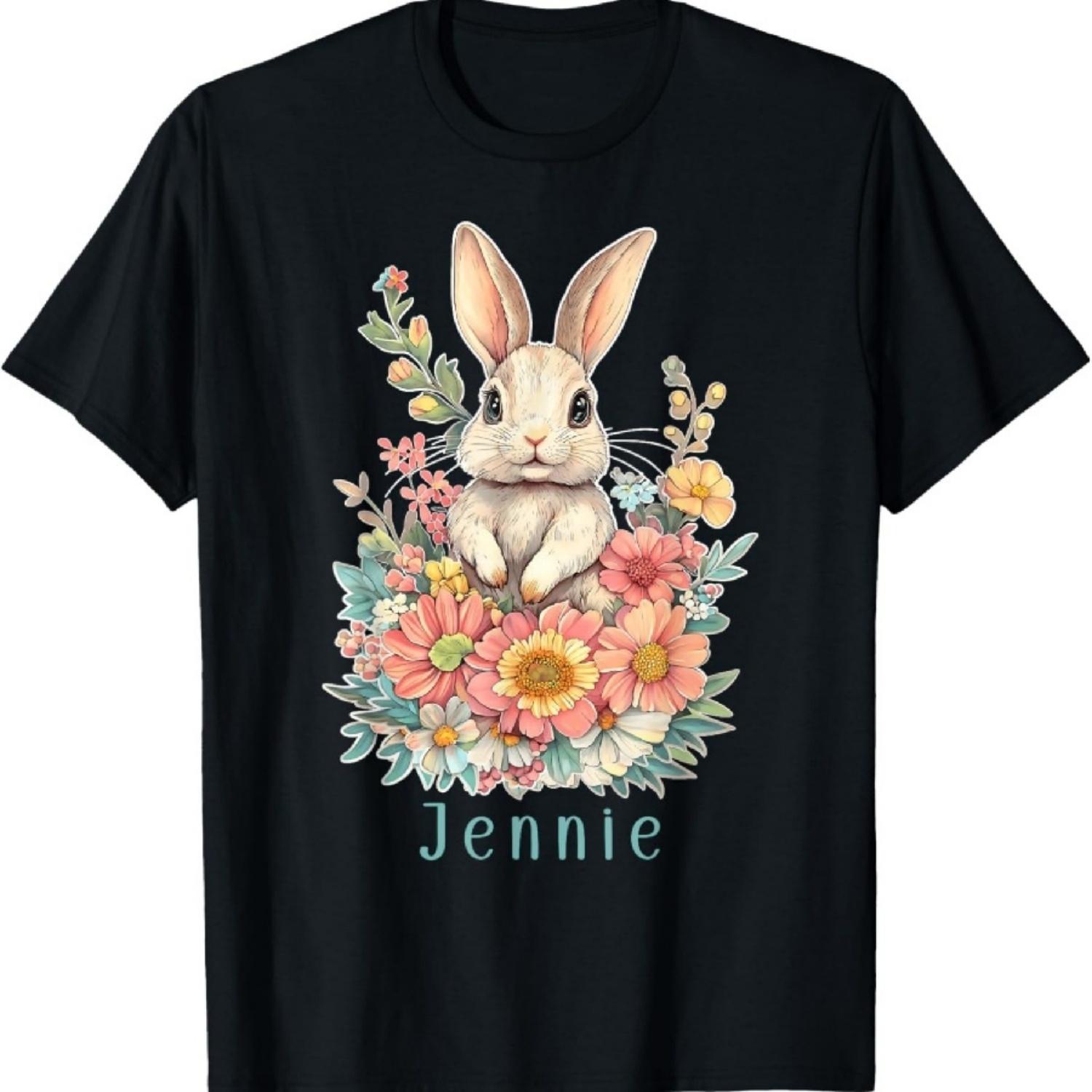 

First Name Jennie Cute Bunny Flowers Personalized Girl T-Shirt XXXXXL чорний