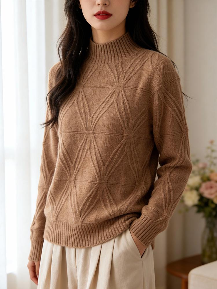 Women's Thick Warm Wool Knit Sweater, Half-High Neck, Diamond Pattern, Autumn/Winter, Solid Color, Loose Fit, Versatile Casual Style.