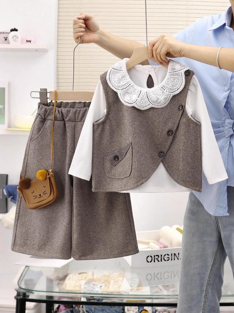 Girl's Korean Chic Tweed Vest Three-Piece Set for Spring/Autumn 2026