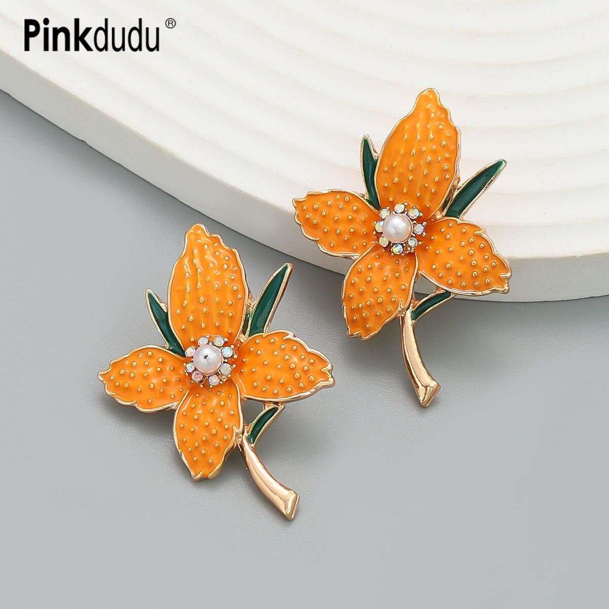 

Pinkdudu Sweet Orange Flower Имитация Жемчужные Серьги-гвоздики Мода Симпатичная 3-цветная эмалевая серьга для женских украшений PD1502