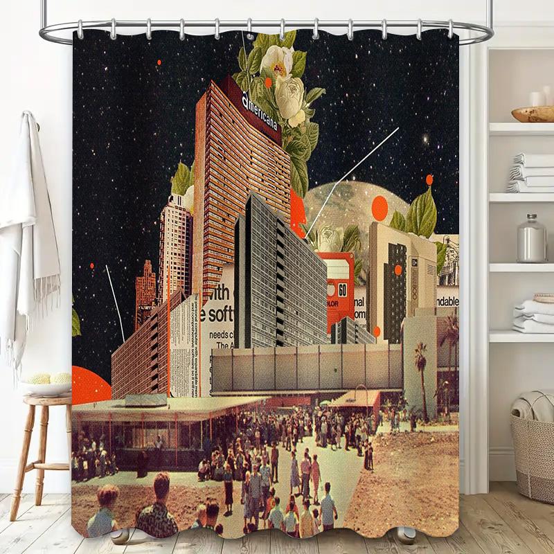 Vintage Hollywood Cityscape Shower Curtain Abstract Film Noir Theater Backdrop Washable Decor