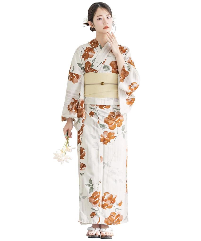 SOUBIEN Floro Yukata Set and Geta Free Floating Orange and Women's 3-Piece (Yukata, Half-Width Obi, Sandals), Size, Cream, Ykt10251-obh01971