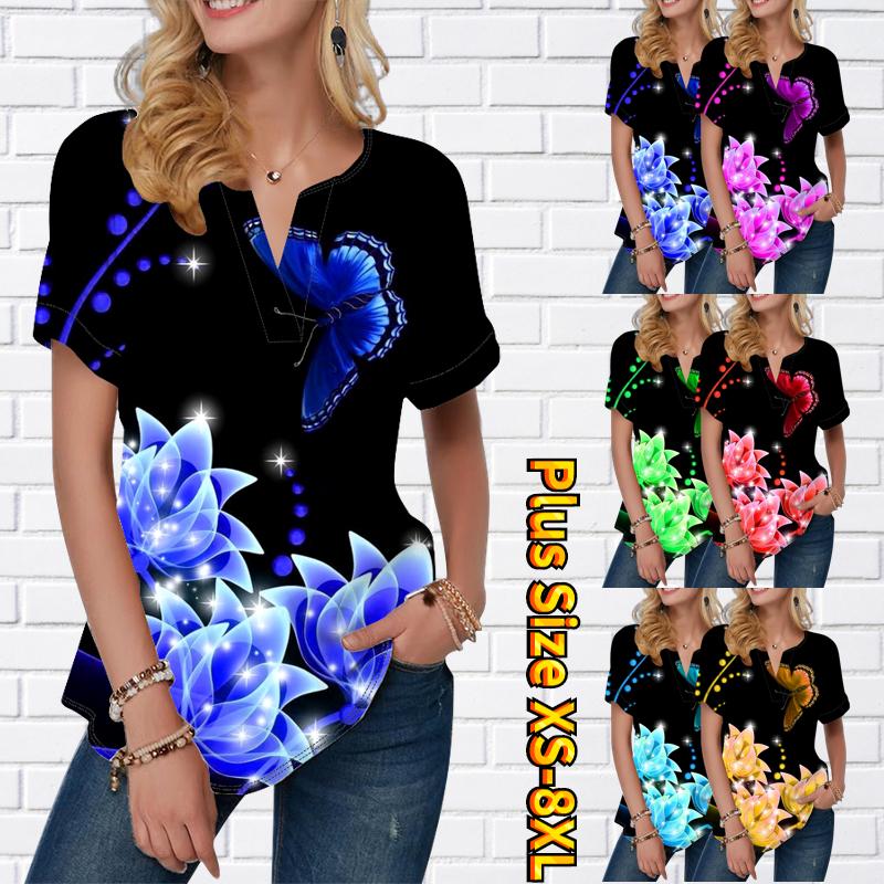 

Женская летняя футболка с синим цветочным принтом, футболки с короткими рукавами, повседневные топы, маленький v-образный вырез с короткими рукавами