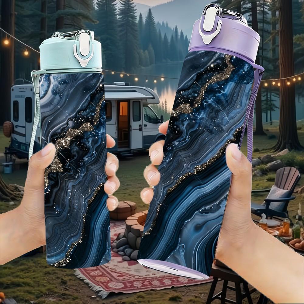 1PC Dark Black Blue Gold Vein Agate Marble Art 750ml Color Plastic Sports Water Bottle Leakproof Flip Straw Lid Suitable for Sports Office Home Use