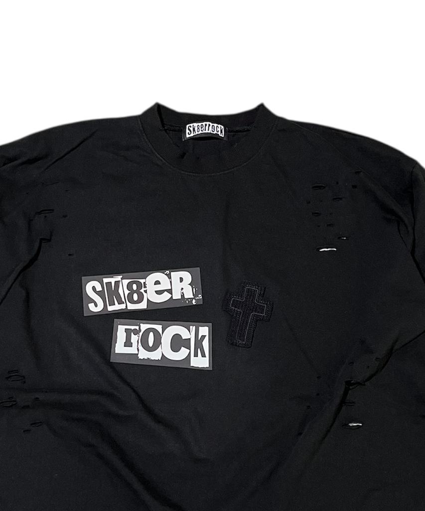 SK8ER ROCK Rock Cross Destroyed T-Shirt ((Black))