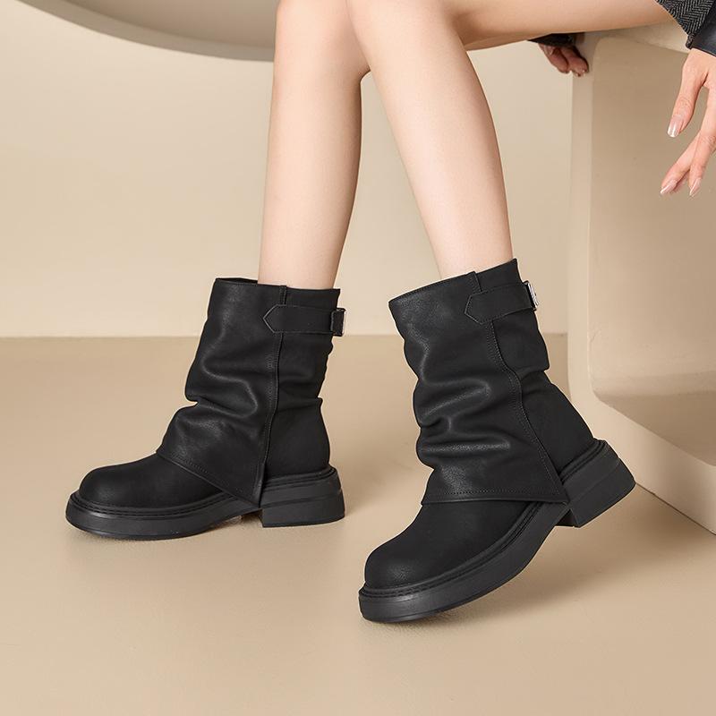 

Женские ботинки Мартин на толстой подошве 2025 осень-зима новые ретро короткие голенища плиссированные штанины-трубы ковбойские рыцарские короткие ботинки 40 чёрный